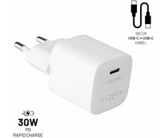 Fixed Fiksuotas Mini USB-C 30W + kabelis USB-C/USB-C, baltas