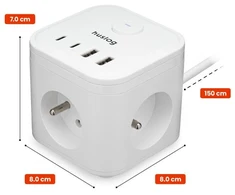 Huslog 15W Charging Station, 3 Outlets, 2 USB-C Ports, 2 USB Ports, Baltas
