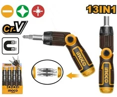 Ingco AKISD1208 Ratchet screwdriver with joint and set of 12 bits CrV