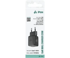 iPEAX GaN 20 W sieninis įkroviklis (USB-C + USB-A), juodas