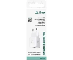 iPEAX GaN 20 W sieninis įkroviklis (USB-C + USB-A), baltas