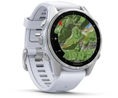 Išmanusis laikrodis Garmin Fenix 8 – 43 mm, AMOLED Sidabrinės spalvos korpusas su baltojo akmens spalvos silikoniniu dirželiu