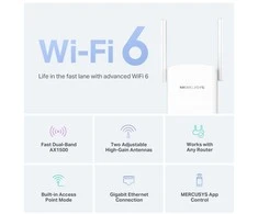 Maršrutizatorius Mercusys AX1500 Wi-Fi 6 diapazono plėstuvas | ME60X | 802.11ax | 1201 Mbit/s | Ethernet LAN (RJ-45) jungtys 1 | MU-MiMO Nr. | nėra PoE | Antenos tipas 2x išorinė