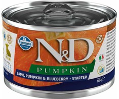 FARMINA N&amp;D PUMPKIN - DOG Wet ėriena moliūgas&amp;Blueberry STARTER MINI 140 g (pak.6)