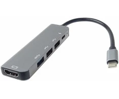 USB-C šakotuvas PremiumCord adapteris su USB-C ir HDMI jungtimis, USB 3.0 ir 2 USB 2.0 jungtimis bei maitinimo šaltiniu.