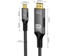 Kabelis USB PremiumCord USB-C na HDMI kabelis 2m rozlišení obrazu 8K@60Hz, 4K@144Hz Aliuminio