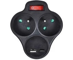 Solight hub with USB A+C fast charger 20W PD, 2 x 10A, juodas, switch
