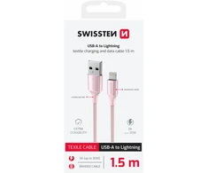 SWISSTEN TEXTILE II duomenų kabelis USB - Lightning 1,5m rožinis