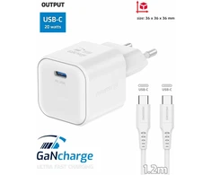SWISSTEN Tinklo adapteris GaN USB-C + duomenų kabelis USB-C - USB-C 20W 1,2 m baltas
