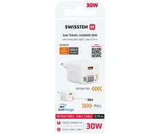 Įkroviklis Swissten SlideCHARGE maitinimo įkroviklis GaN 30W USB-A 18W su ištraukiamu USB-C laidu 0.75m baltas