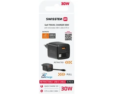 Įkroviklis Swissten SlideCHARGE maitinimo įkroviklis GaN 30W USB-A 18W su ištraukiamu USB-C laidu 0.75m juodas