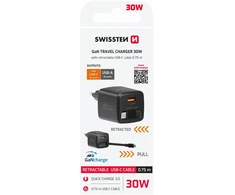Įkroviklis Swissten SlideCHARGE maitinimo įkroviklis GaN 30W USB-A 18W su ištraukiamu USB-C laidu 0.75m juodas