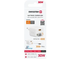 Įkroviklis Swissten SlideCHARGE maitinimo įkroviklis GaN 30W USB-A 18W su ištraukiamu USB-C laidu 0.75m baltas