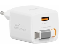 Įkroviklis Swissten SlideCHARGE maitinimo įkroviklis GaN 30W USB-A 18W su ištraukiamu USB-C laidu 0.75m baltas