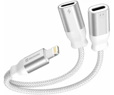 SWISSTEN TEXTILE Įkrovimo garso adapteris Lightning (M) - 2x Lightning (F) 0,12 m baltas