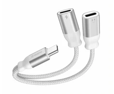 SWISSTEN TEXTILE Įkrovimo garso adapteris USB-C (M) - 2x USB-C (F) 0,12 m baltas