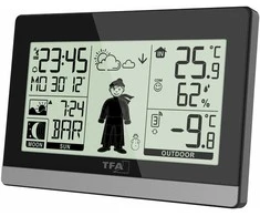TFA namų orų stotis su orų prognoze ir WEATHER BOY personažu - juodas