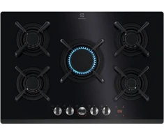 PLITA PE GAZ ELECTROLUX KGG753753K, dujinė kaitlentė; 75 cm; 5 dujiniai degikliai; gartraukio prijungimas; elektroninis laikmatis; garsinis signalas; integruotas elektrinis uždegimas; valdymas priekiniame mygtuke; saugos įtaisas; ketaus grotelės; dujinė viryklė ant stiklo; juoda spalva