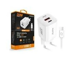 ALIGATOR išmanusis tinklo įkroviklis GaN, PD 33W, USB-A + USB-C, kabelis USB-C/USB-C, baltas