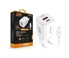 ALIGATOR išmanusis tinklo įkroviklis GaN, PD 33W, USB-A + USB-C, Lightning laidas, baltas