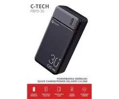 C-TECH išorinė baterija 30000mAh, ličio polimerų, 20W, USB-C/USB-A/micro USB