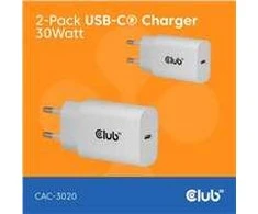 „Club 3D“ „Club3D Lifestyle“ įkroviklis USB-C, 30 vatų, 2 vnt., baltas mažmeninė prekyba
