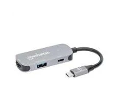 Adapteris AV Manhattan MANHATTAN USB-C į HDMI 3-in-1 prijungimo keitiklis USB 3.2 Type-C Vyriškas į HDMI 4K60Hz USB-A 5 Gbit/s ir USB-C maitinimo tiekimas 100W
