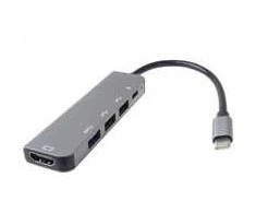 USB-C šakotuvas PremiumCord adapteris su USB-C ir HDMI jungtimis, USB 3.0 ir 2 USB 2.0 jungtimis bei maitinimo šaltiniu.