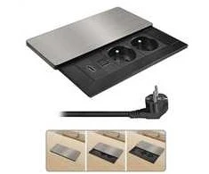 „Solight“ įmontuojamas lizdų blokas su stumdomu dangteliu, 2 lizdai, HDMI, USB A+C 20W PD, 2m, sidabrinis