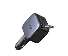 UGREEN rychlonabíječka do auta se zatahovacím kabelem 145W 3-Port, 2x USB-C,1x USB-A, GaN, sidabrinė