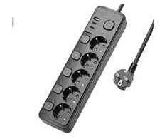 Viking tinklo praplėtimo lizdas YC53S, 5x AC 230V, 1x USB-A, 2x USB-C, ON/OFF mygtukas, ilgis 1,5 m, juodas