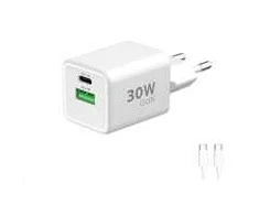 Winner Group WG - GaN maitinimo įkroviklis 2x USB 30W, 1x USB-C PD3.0 PPS QC4 30W + USB-A 18W, C tipo į C tipo laidas, baltas