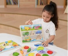 VIGA Medinė Dėlionė Montessori 2in1 Transporto Priemonės