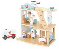 Viga Toys VIGA medinė ligoninė su greitosios medicinos pagalbos liftu, 15 vnt