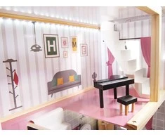 KIK MDF medinis lėlių namelis + baldai 78cm juodas LED