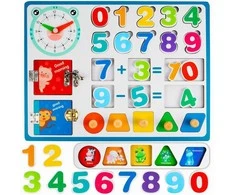 Malplay Medinė manipuliacinė mokomoji lenta matematikos skaičiai, laikrodis