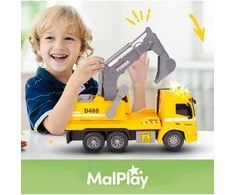 Malplay Žaislinis sunkvežimis su ekskavatoriumi, statybinis vilkikas, automobilis 1:16, šviesos, garsas