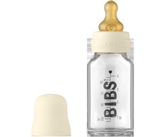 BIBS stiklinis buteliukas nuo dieglių 110 ml (Ivory) pilnas komplektas