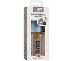 BIBS stiklinis buteliukas nuo dieglių 110 ml (Baby Mėlyna) pilnas komplektas
