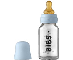 BIBS stiklinis buteliukas nuo dieglių 110 ml (Baby Mėlyna) pilnas komplektas