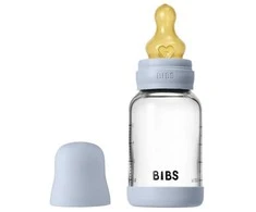 BIBS stiklinis buteliukas nuo dieglių 120 ml (Baby Mėlyna) pilnas komplektas