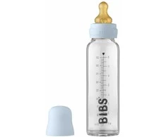 BIBS stiklinis buteliukas nuo dieglių 225 ml (Baby Mėlyna) pilnas komplektas