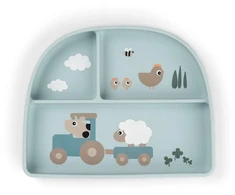Done by Deer silikoninė prilimpanti lėkštė su siurbtuku ir skyreliais Tiny Farm Mėlyna