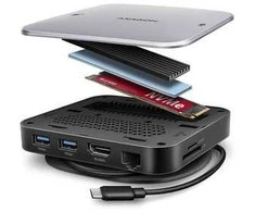 AXAGON HMC-UFO USB 10Gbps šakotuvas, 2x USB-A, USB-C, HDMI 4k/60, RJ-45, M.2, SD/mSD, garso jungtis, PD