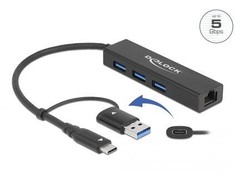 Delock 3 Port USB 3.2 Gen 1 Hub + Gigabit LAN