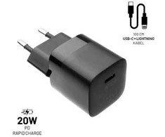 FIXED Mini USB-C įkroviklis 20W+ USB-C/Lightning kabelis, juodos spalvos