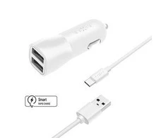 Rinkinys FIXED automobilinis įkroviklis su 2xUSB išvestimis ir USB/USB-C laidu, 1 metras, 15W išmanusis greitasis įkrovimas, balta