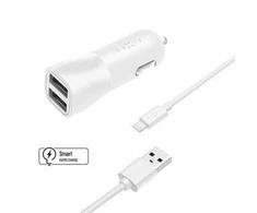 Rinkinys FIXED automobilinis įkroviklis su 2xUSB išėjimais ir USB/Lightning laidu, 1 metras, MFI, 15W išmanusis greitasis įkrovimas, balta