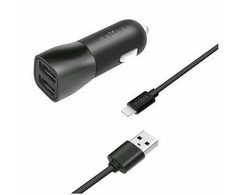 Įkroviklis Fiksuotas Rinkinys automobilinis įkroviklis FIXED su 2xUSB išvestimis ir USB/Lightning laidu, 1 metras, MFI, 15W išmanusis greitasis įkrovimas, juodas