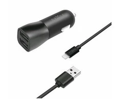 Įkroviklis Fiksuotas Rinkinys automobilinis įkroviklis FIXED su 2xUSB išvestimis ir USB/Lightning laidu, 1 metras, MFI, 15W išmanusis greitasis įkrovimas, juodas